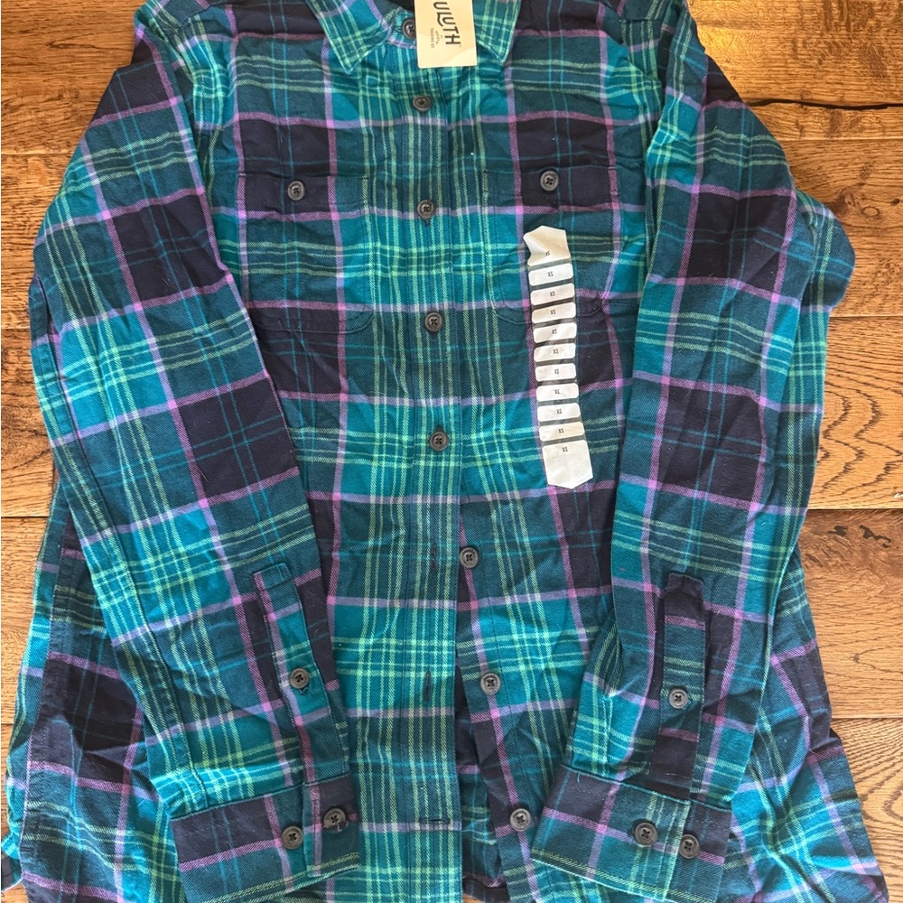 Duluth Trading Co Plaid Shirt in Teal and Purple